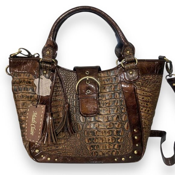 Madi Claire MC Handbag Mocha Brown Crocodile Embossed Leather Shoulder Strap - Picture 1 of 10
